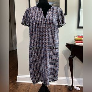 Ann Taylor Textured Tweed Shift Dress in Navy, Pink and White